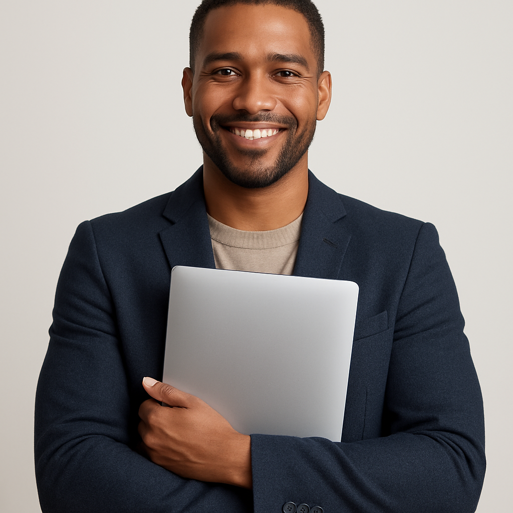 A MasterStart Institute student holding a laptop